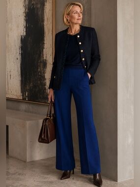 St. John Collection Santana Knit Cobalt Blue Pull On Pants Wide Leg Luxury SZ 8